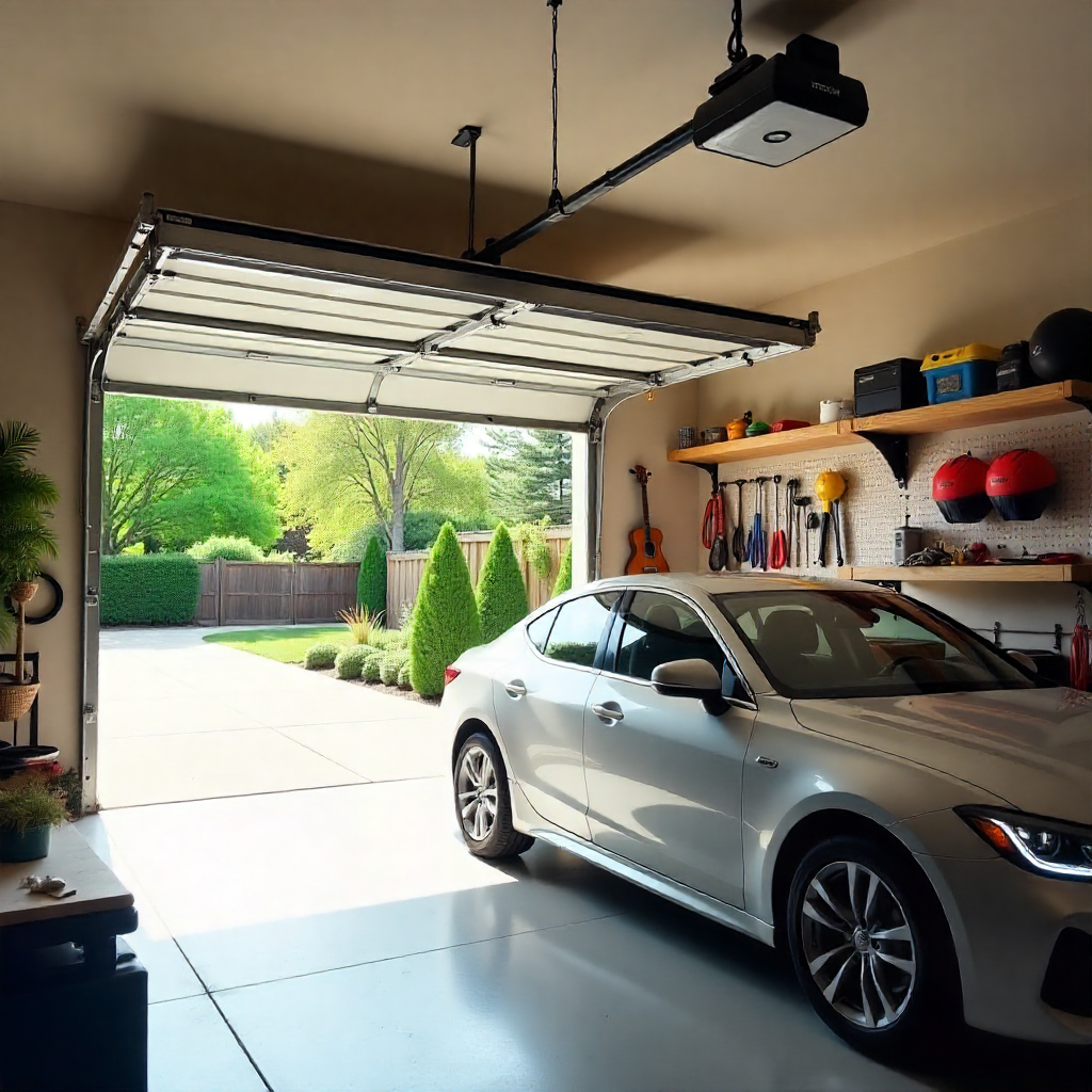 Smart chain-drive garage door opener inside a modern garage, showing improved safety and convenience.