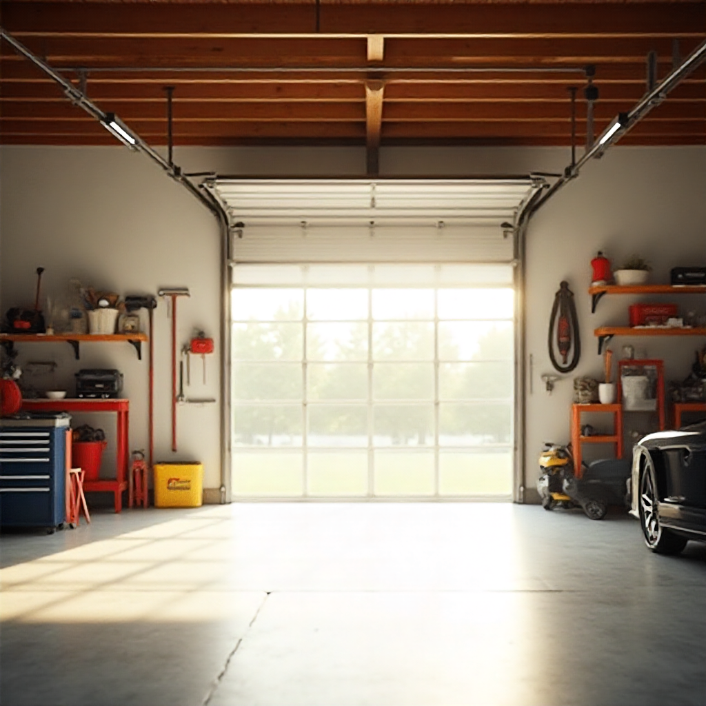 Close-up of a garage door spring inside a garage, highlighting the importance of maintenance and safety.